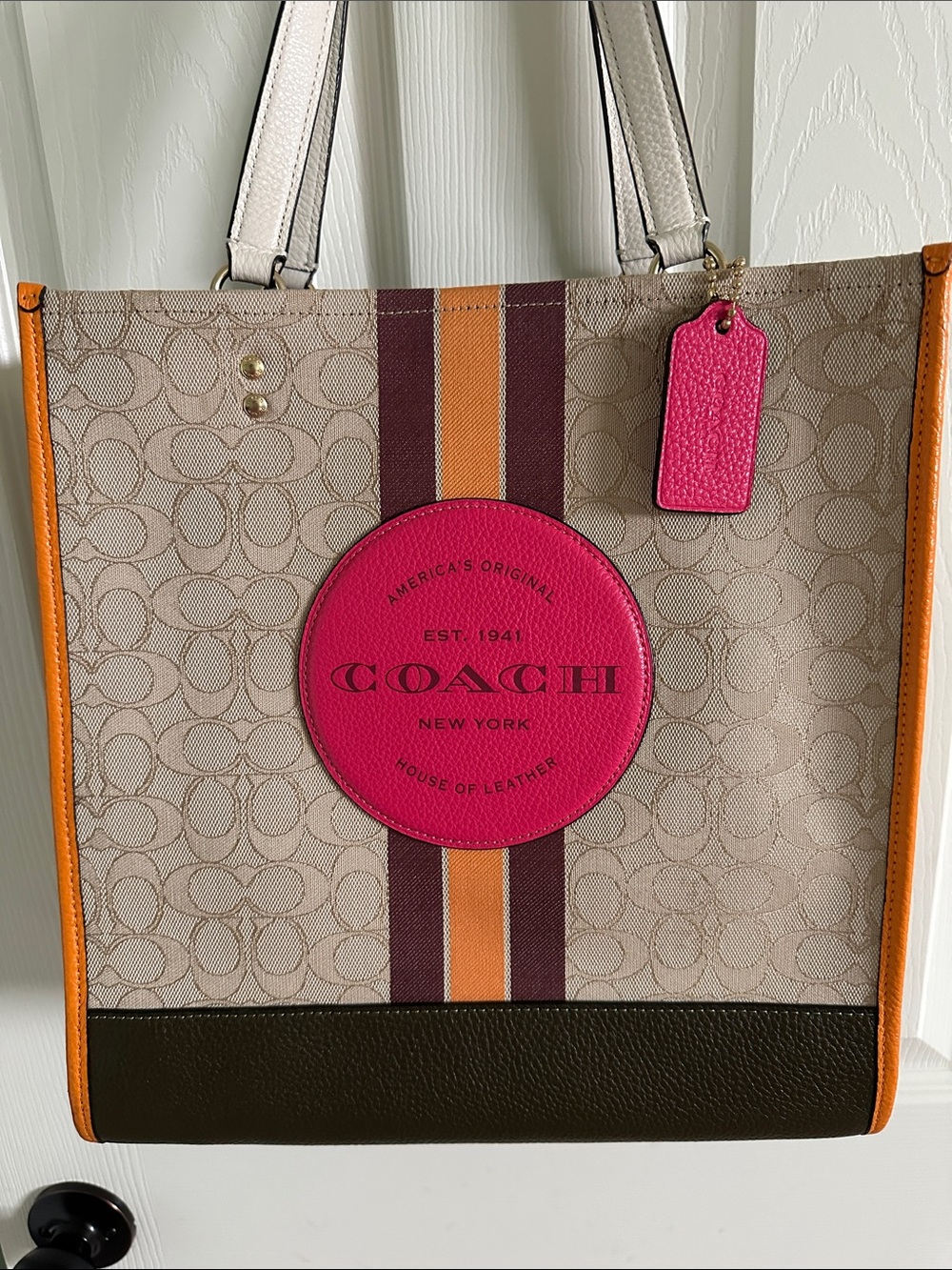 Coach Beige Signature Canvas Tote with Pink Patch and Orange Trim - Picture 5 of 12